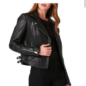 DSTLD Womens Leather Moto Jacket with Silver Hardware-S